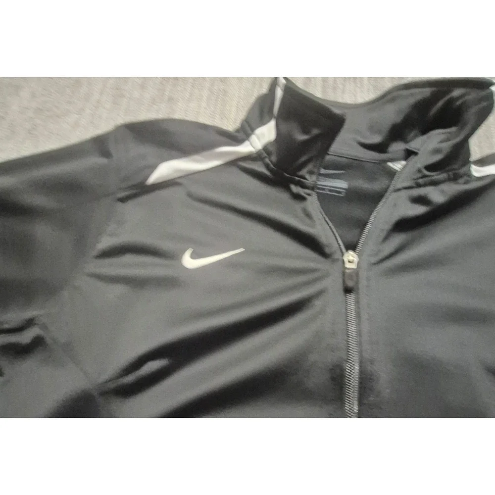 Nike women's black track jacket LG full zip pockets white piping athletic sports
